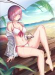  1girl barefoot beach beach_umbrella bikini day eyebrows_visible_through_hair eyewear_removed fate/grand_order fate_(series) guantoujun hair_over_one_eye highres horizon jacket mash_kyrielight ocean open_clothes open_jacket outdoors pink_hair purple_hair short_hair sitting solo swimsuit table umbrella violet_eyes white_bikini white_jacket 