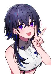  1girl bare_shoulders black_hair crop_top crossed_bangs ear_piercing earrings highres ichinose_uruha ichinose_uruha_(4th_costume) jewelry looking_at_viewer multicolored_hair open_mouth piercing portrait shirt simple_background sleeveless sleeveless_shirt solo streaked_hair v violet_eyes virtual_youtuber vspo! white_background white_shirt yuura 