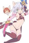  bandage bandaged_arm bare_shoulders black_bra black_gloves black_panties blade_(galaxist) bra breasts brown_legwear chibi dual_wielding empty_eyes eyebrows_visible_through_hair fang fate/apocrypha fate/grand_order fate/kaleid_liner_prisma_illya fate_(series) fingerless_gloves flying_sweatdrops fujimaru_ritsuka_(female) gloves green_eyes holding holding_sword holding_weapon jack_the_ripper_(fate/apocrypha) kaleidostick kemonomimi_mode looking_at_viewer magical_girl magical_ruby magical_sapphire navel open_mouth orange_eyes orange_hair panties short_hair silver_hair simple_background single_fingerless_glove small_breasts sword thigh-highs underwear weapon white_background 