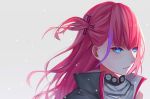  1girl artist_name bangs blue_eyes choker collared_jacket floating_hair from_side girls_frontline grey_background hair_ornament hirein jacket long_hair looking_away multicolored_hair one_side_up parted_lips pink_hair scarf shirt sidelocks snow snowing solo st_ar-15_(girls_frontline) streaked_hair wind wind_lift 