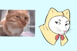  ahoge animal_focus black_eyes blue_background bow bowtie cat cloak closed_mouth commentary cropped_torso ear_covers english_commentary hood hood_up hooded_cloak infinity_nikki looking_at_viewer meme momo_(nikki) mr._fresh nikki_(series) no_humans nxnjakat red_bow red_bowtie reference_inset simple_background thick_eyebrows whiskers white_cat yellow_cloak 