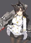  1girl animal_ears atago_(azur_lane) azur_lane bangs black_hair black_legwear blush breasts brown_eyes closed_mouth commentary_request cosplay gloves gusset large_breasts long_hair looking_at_viewer machinery military military_uniform miniskirt mole mole_under_eye one_eye_closed panties panties_under_pantyhose pantyhose pleated_skirt ribbon skirt skirt_lift smile solo swept_bangs takao_(azur_lane) takao_(azur_lane)_(cosplay) takayaki thighband_pantyhose turret underwear uniform white_gloves white_panties white_ribbon 