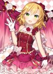  1girl :d bangs bare_shoulders blonde_hair blush commentary_request eyebrows_visible_through_hair flower gloves green_eyes hair_between_eyes hair_flower hair_ornament hairband hand_up idolmaster idolmaster_cinderella_girls idolmaster_cinderella_girls_starlight_stage jewelry layered_skirt leaning_to_the_side minamiya_mia necklace open_mouth pearl_necklace purple_skirt red_hairband red_rose red_shirt rose sakurai_momoka shirt skirt sleeveless sleeveless_shirt smile solo waving white_gloves 