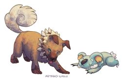  animal_focus astyrra blue_eyes claws closed_eyes closed_mouth english_commentary full_body highres komala looking_at_viewer lying no_humans pokemon pokemon_(creature) rockruff tongue tongue_out tumblr_username 