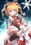  &gt;_o 1girl ahoge animal_ears antlers azur_lane bangs black_bow black_legwear blonde_hair blue_eyes blush boots bow bow_legwear camera character_doll christmas commentary_request dress drill_hair elbow_gloves eyebrows_visible_through_hair fake_mustache fur-trimmed_boots fur-trimmed_dress fur-trimmed_gloves fur-trimmed_legwear fur_collar fur_trim gloves gridley_(azur_lane) hair_bow heart holly looking_at_viewer machinery neck_ribbon niwasane_(saneatsu03) one_eye_closed pink_hair pom_pom_(clothes) red_dress red_footwear red_ribbon reindeer_antlers reindeer_ears ribbon rigging sack santa_costume saratoga_(azur_lane) sitting sitting_on_object sleeveless snowflake_background solo thigh-highs twintails twitter_username two_side_up 