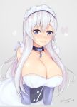  1girl azur_lane belfast_(azur_lane) blue_eyes blue_gloves blush breasts chains cleavage closed_mouth collar dated elbow_gloves gloves grey_background hair_between_eyes heart huge_breasts kuavera long_hair looking_at_viewer maid maid_headdress metal_collar silver_hair simple_background smile solo twitter_username upper_body 