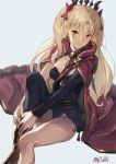  1girl artist_name bangs black_legwear blonde_hair breasts cape closed_mouth commentary_request earrings ereshkigal_(fate/grand_order) fate/grand_order fate_(series) grey_background jewelry long_hair looking_at_viewer medium_breasts red_cape red_eyes red_ribbon ribbon simple_background single_sleeve single_thighhigh skull solo thigh-highs tiara tohsaka_rin two_side_up you06 