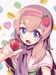  1girl alice_margatroid blue_eyes blush breasts cookie_(touhou) eyebrows food fruit hairband heart holding holding_fruit ichigo_(cookie) long_hair looking_at_viewer medium_breasts open_mouth pika_(seiga797047) smile solo strawberry touhou upper_body 