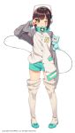  1girl ;o aqua_shorts arm_up bangs blunt_bangs blush boots brown_eyes brown_hair buttons cable full_body hands_in_sleeves headphones jacket kim_bae-eo legs_apart long_sleeves looking_at_viewer official_art one_eye_closed open_mouth oversized_clothes partially_unbuttoned pigeon-toed pocket raglan_sleeves short_hair shorts sidelocks simple_background sleeves_past_wrists standing striped stuffed_toy thigh-highs thigh_boots vertical_stripes very_long_sleeves vocaloid white_background white_footwear white_jacket yumemi_nemu 