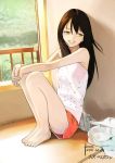  1girl against_wall bare_arms bare_legs bare_shoulders barefoot boyshorts brown_hair camisole dated day indoors legs_together long_hair looking_to_the_side original pen_(pen3) pink_lips signature sitting smile solo window yellow_eyes 