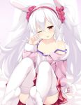  1girl animal_ears arm_support azur_lane bangs bare_shoulders collarbone commentary_request eyebrows_visible_through_hair hair_between_eyes hair_ornament hair_scrunchie hairband head_tilt jacket laffey_(azur_lane) long_hair long_sleeves looking_at_viewer maccha no_shoes off_shoulder one_eye_closed parted_lips pink_jacket pleated_skirt rabbit_ears red_eyes red_hairband red_scrunchie red_skirt rubbing_eyes scrunchie sitting skirt solo strapless thigh-highs very_long_hair white_hair white_legwear 