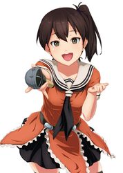  1girl 4690_(tkpbsk) black_legwear black_neckwear black_skirt brown_eyes brown_hair cosplay kaga_(kantai_collection) kantai_collection microphone naka_(kantai_collection) naka_(kantai_collection)_(cosplay) open_mouth orange_shirt pleated_skirt school_uniform serafuku shirt side_ponytail simple_background skirt solo thigh-highs white_background white_sailor_collar 