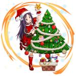  1girl :d arm_up capelet christmas_tree dress full_body fur_trim hat highres holding long_hair neck_ribbon one_leg_raised open_mouth pointy_ears purple_hair red_dress red_eyes red_footwear red_hat red_ribbon ribbon santa_costume santa_hat short_dress sleeveless sleeveless_dress smile snowflakes snowman solo standing standing_on_one_leg sword_art_online transparent_background very_long_hair wrist_cuffs yuuki_(sao) 