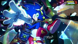 1boy absurdres blue_fur body_fur boots broken_glass copyright_name eyewear_on_head frank_0000001 glass green_eyes highres holding hoverboard male_focus midair red_boots revision signature smirk solo sonic_(series) sonic_riders:_zero_gravity sonic_riders_(series) sonic_the_hedgehog