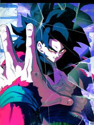  1boy black_hair body_fur broken_glass dragon_ball dragon_ball_gt glass highres long_hair male_focus muscular muscular_male pato007711 red_fur reflection revision son_goku super_saiyan super_saiyan_4 topless_male upper_body yellow_eyes 