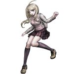  1girl :o ahoge akamatsu_kaede backpack bag bangs beamed_quavers blonde_hair breasts clenched_hand dangan_ronpa eyebrows highres kneehighs komatsuzaki_rui long_hair looking_at_viewer musical_note musical_note_hair_ornament necktie new_dangan_ronpa_v3 official_art parted_bangs pleated_skirt purple_legwear quaver randoseru school_uniform shirt skirt solo staff_(music) sweater_vest teeth violet_eyes 