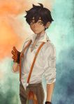  1boy bandage brown_hair closed_mouth fishiebug freckles gloves green_eyes hair_between_eyes looking_to_the_side male_focus messy_hair orange_gloves oscar_pine rag rwby shirt sleeves_rolled_up solo suspenders tan thick_eyebrows white_shirt 