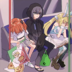 1boy 2girls ahoge animal_ear_hairband animal_ears animal_on_lap artoria_caster_(fate) artoria_caster_(swimsuit_berserker)_(fate) artoria_caster_(swimsuit_berserker)_(second_ascension)_(fate) artoria_pendragon_(fate) bare_shoulders belt bird bird_on_lap black_eyes black_hair black_hoodie black_pants black_sandals black_scrunchie blonde_hair blue_dress blue_thighhighs chromatic_aberration closed_mouth command_spell covering_face crow double_facepalm drawstring dress elbows_on_knees face_in_hands facepalm fake_animal_ears fate/grand_order fate_(series) food fresh_pizza_girl_meets_raven_girl_(meme) frown fujimaru_ritsuka_(female) fujimaru_ritsuka_(female)_(summer_street) goredolf_musik green_bag green_belt grey_jacket grey_shorts hair_between_eyes hair_ornament hair_scrunchie hairband hood hood_up hoodie jacket long_hair long_sleeves meme mizumi_(mizmi) multiple_girls oberon_(fate) oberon_(moody_summer_oberon)_(fate) oberon_(third_ascension)_(fate) on_lap one_side_up open_clothes open_jacket orange_hair pants pizza pizza_box puffy_short_sleeves puffy_sleeves rabbit_ears sandals scrunchie short_hair short_sleeves shorts sitting striped_clothes striped_thighhighs subway thigh-highs train_interior twintails two-tone_dress two-tone_thighhighs vertical-striped_clothes vertical-striped_thighhighs white_dress yakudo_trio 