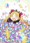  1girl blank_eyes blonde_hair chibi earrings ereshkigal_(fate/grand_order) fate/grand_order fate_(series) hair_ribbon jewelry mito_tsubaki ribbon saint_quartz sweatdrop tiara ticket tohsaka_rin twintails 