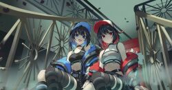  2girls :d :| absurdres black_hair black_shorts black_sports_bra black_thighhighs blue_eyes blue_jacket blue_socks closed_mouth highres indoors jacket looking_at_viewer mellow_kaede multiple_girls open_clothes open_jacket original red_eyes red_jacket shorts siblings sitting sitting_on_stairs smile socks sports_bra stairs thigh-highs twins white_sports_bra 