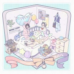  absurdres akzk_kh animal_ear_hood auron bed blitzball contemporary final_fantasy final_fantasy_x final_fantasy_x-2 hairband highres hood hoodie hypello lulu_(ff10) paine_(ff10) pajamas photo_(object) rikku_(ff10) sabotender smile tidus wakka yuna_(ff10) 