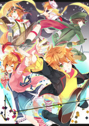  1girl 4boys animal_collar arm_up armband black_jacket brown_hair collar fang fox_mask green_eyes green_hat grin guitar hair_ornament hairclip hat headphones holding holding_guitar holding_instrument holding_microphone hood hoodie instrument jacket licking_lips mask mask_on_head microphone military_uniform mouth_hold multiple_boys one_eye_closed open_mouth orange_hair original pink_jacket plectrum plectrum_in_mouth red_ribbon ribbon short_hair skin_fang smile tongue tongue_out yellow_hoodie yourvoyage 