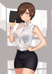  1girl aori_sora bare_shoulders blouse breasts brown_eyes brown_hair buttons collared_shirt commentary earrings eyebrows_visible_through_hair hand_on_hip hand_up highres holding jewelry large_breasts legs_together looking_at_viewer office_lady open_mouth original pencil_skirt shirt shirt_tucked_in short_hair simple_background skirt solo standing unfinished_background white_blouse 