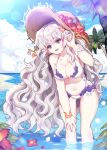  1girl :d beach bikini blue_sky bracelet breasts clouds day flower hair_ornament hand_on_own_knee hand_up harin_0 hat hat_flower jewelry large_breasts leaning_forward long_hair navel open_mouth outdoors palm_tree pinky_out qurare_magic_library silver_hair sky smile straw_hat sun_hat swimsuit tree very_long_hair violet_eyes wading wavy_hair white_bikini wristband 
