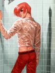  1boy arm_support contrapposto from_behind jewelry looking_back male_focus pants red_eyes red_pants redhead ring shirt shower_head the_king_of_fighters tile_wall tiles wet wet_clothes wet_hair wet_shirt yagami_iori 