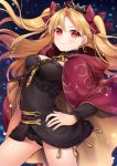  &gt;:) 1girl arm_at_side bangs between_breasts black_leotard blonde_hair breasts cape closed_mouth cowboy_shot earrings ereshkigal_(fate/grand_order) fate/grand_order fate_(series) glint hair_ribbon hand_on_hip jewelry karokuchitose legs_apart leotard light_particles long_hair long_sleeves looking_at_viewer medium_breasts parted_bangs red_cape red_eyes red_ribbon ribbon smile solo sparkle standing tareme thighs tiara tohsaka_rin two_side_up v-shaped_eyebrows very_long_hair 