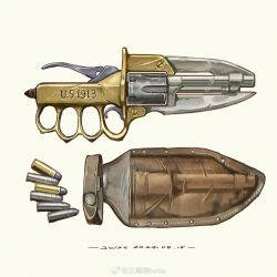  artist_name bayonet bullet chinese_commentary chromatic_aberration commentary_request dated gun handgun highres holster iwse_zhang no_humans original revolver signature simple_background still_life watermark weapon weapon_focus weibo_username weibo_watermark white_background 