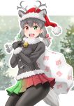  1girl :d animal_ears antlers bell black_legwear breasts christmas coat commentary extra_ears eyebrows_visible_through_hair fur-trimmed_sleeves fur_collar fur_trim gloves gradient_sky green_eyes grey_hair hair_ribbon hat heterochromia highres japari_symbol kemono_friends looking_at_viewer medium_breasts open_mouth outline pantyhose pleated_skirt pom_pom_(clothes) rainbow_gradient rainbow_skirt red_eyes reindeer_(kemono_friends) reindeer_antlers reindeer_ears reindeer_tail ribbon sack santa_hat skirt smile solo tail takatsuki_nao white_outline 