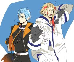  2boys arm_behind_head armor axel_syrios belt black_shirt blonde_hair blue_eyes blue_hair braid breath collar cosplay costume_switch cowboy_shot fangs gloves green_eyes hair_between_eyes hair_pulled_back hand_in_pocket holostars holostars_english hood hood_down hooded_jacket jacket layered_sleeves long_sleeves multicolored_hair multiple_boys one_eye_closed open_clothes open_jacket red_hair regis_altare screetuber shirt short_over_long_sleeves short_sleeves shoulder_armor side_braid streaked_hair turtleneck two-sided_fabric virtual_youtuber yawning 