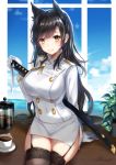 1girl animal_ears arm_support atago_(azur_lane) azur_lane black_hair black_legwear breasts coffee coffee_cup coffee_press cokecoco commentary garter_straps gloves hair_ribbon highres large_breasts long_hair looking_at_viewer military military_uniform miniskirt mole mole_under_eye naval_uniform pencil_skirt ribbon signature sitting skirt smile solo sword thigh-highs uniform weapon white_gloves yellow_eyes zettai_ryouiki 