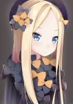  1girl abigail_williams_(fate/grand_order) artist_name bangs black_bow black_dress black_hat blonde_hair blue_eyes blush bow brown_background closed_mouth commentary_request dress eyebrows_visible_through_hair fate/grand_order fate_(series) forehead hair_bow hat highres kanz long_sleeves looking_at_viewer orange_bow parted_bangs polka_dot polka_dot_bow simple_background sleeves_past_wrists smile solo starry_sky_print v-shaped_eyebrows 