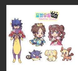  1brad 1girl 2boys :d ^^^ anger_vein black_hair blue_eyes bright_pupils brown_eyes brown_hair chibi closed_mouth commentary_request double_bun dress epaulettes fidough gloves hair_bun holding holding_pokemon hugh_(pokemon) jacket korean_commentary liepard lillipup looking_at_viewer multiple_boys nate_(pokemon) open_mouth pink_dress pokemon pokemon_(creature) pokemon_bw2 pokestar_studios qwilfish red_jacket rosa_(pokemon) short_hair smile twintails white_gloves white_pupils 