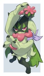  1other absurdres animal_hands animal_nose arm_up body_fur border claws closed_mouth commentary fang flower_trick_(pokemon) foreshortening from_above full_body furry furry_female green_fur grey_background hand_up highres invisible_floor looking_at_viewer mask meowscarada nullma other_focus outside_border pawpads pink_eyes pokemon pokemon_(creature) pokemon_focus short_tail signature slit_pupils standing symbol-only_commentary tail two-tone_fur white_border 