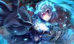  1girl alice_(sinoalice) blue_dress blue_gloves blue_hair blue_skirt breasts commentary_request dress gauntlets gloves glowing headpiece hoshizaki_reita looking_at_viewer medium_breasts motion_blur navel one_eye_covered parted_lips pleated_skirt reaching_out short_hair sinoalice skirt solo violet_eyes 