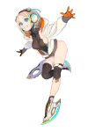  1girl :d black_leotard blonde_hair blue_eyes boots breasts commentary_request eyebrows_visible_through_hair full_body gloves headphones highres hood hood_down hoodie inline_skates knee_pads leotard looking_at_viewer medium_breasts multicolored_hair nagisa_kurousagi open_clothes open_hoodie open_mouth orange_gloves original roller_skates short_hair simple_background skates skindentation smile solo streaked_hair white_background 