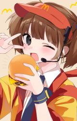  1girl ;d black_eyes blue_necktie blunt_bangs blush brown_background brown_hair burger collared_shirt commentary_request food hands_up happi headset highres holding holding_food imadake_dabuchi_tabemi japanese_clothes looking_at_viewer mcdonald's moni_monico necktie one_eye_closed open_clothes open_happi open_mouth shirt short_hair simple_background smile solo striped_clothes striped_shirt twintails upper_body v vertical-striped_clothes vertical-striped_shirt visor_cap white_shirt yellow_happi 