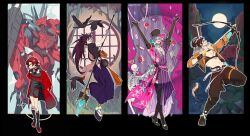  4boys abs ahoge arm_across_waist arms_up axe banzoin_hakka beard_stubble belt bird black_border black_gloves black_hair black_shirt blue_eyes blue_hair blue_skin bodysuit boots border bow_(weapon) bracelet card chest_tattoo claws collared_jacket colored_extremities colored_skin confetti covered_navel creature crossed_bangs crow earrings elbow_gloves facial_hair fake_tail feather_hair_ornament feathers fingerless_gloves flying from_side full_body full_moon fur_collar gavis_bettel gavis_bettel_(1st_costume) gloves gradient_hair hair_between_eyes hair_ornament hakama hand_on_own_hip hat heterochromia high_heel_boots high_heels highres holding holding_bow_(weapon) holding_polearm holding_weapon holostars holostars_english holotempus jacket japanese_clothes jerry_(gavis_bettel) jester jewelry josuiji_shinri koi long_hair machina_x_flayon male_focus mecha mecha_pilot_suit moon multicolored_hair multicolored_skin multiple_boys muscular muscular_male night night_sky okobo one-eyed open_clothes open_jacket phantom_(gavis_bettel) pink_eyes pink_hair platform_sandals playing_card polearm ponytail purple_hakama purple_sash purple_skin red_hair red_jacket reverse_grip robot sandals sash scarf screetuber shirt short_sleeves skeleton sky socks spear stubble sweatdrop tabi tail tassel tattoo tentacles thigh_boots tomato top_hat tree two-handed virtual_youtuber weapon white_hair 