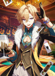  1boy ace_(playing_card) ace_of_spades arm_up aventurine_(honkai:_star_rail) black_gloves black_vest blonde_hair bracelet card cleavage_cutout clothing_cutout coat cup drinking_glass earrings facing_viewer fur-trimmed_coat fur_trim gloves hair_between_eyes highres holding holding_cup honkai:_star_rail honkai_(series) jewelry king_(playing_card) king_of_spades light_particles long_hair multiple_rings open_mouth parted_bangs playing_card ring riri_(artist) single_earring smile solo spade_(shape) vest watch watch wine_glass 