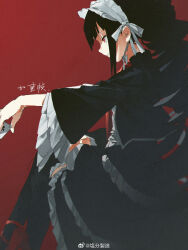  1girl ace_(playing_card) ace_of_spades artist_name black_hair black_jacket black_pantyhose black_skirt blunt_bangs blurry_edges card celestia_ludenberg chin_strap chinese_commentary closed_mouth commentary_request crossed_legs danganronpa:_trigger_happy_havoc danganronpa_(series) drill_hair feet_out_of_frame film_grain frilled_skirt frilled_sleeves frills from_side gift_art gothic_lolita hairband highres holding holding_card huimuuu invisible_chair jacket layered_skirt light_smile lolita_fashion lolita_hairband long_hair long_sleeves looking_ahead pantyhose playing_card profile red_background red_eyes red_shoes shoes sidelocks simple_background sitting skirt solo spade_(shape) strappy_heels twin_drills upturned_eyes very_long_hair watermark weibo_watermark white_hairband wide_sleeves 