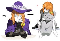  1boy 1girl asdf1211950 black_gloves black_jacket black_souls bow cape character_doll dorothy_(black_souls) fingerless_gloves genderswap genderswap_(ftm) gloves grimm_(black_souls) hair_bow hat highres jacket knees_up long_hair looking_at_viewer low_ponytail orange_hair pale_skin ponytail purple_cape purple_hat simple_background sitting speech_bubble white_background witch_hat yellow_bow 