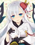  1girl azur_lane black_gloves blue_eyes blush breast_grab commentary_request eyebrows_visible_through_hair gloves grabbing guided_breast_grab hair_ornament heart heart-shaped_pupils japanese_clothes long_hair looking_at_viewer minamura_haruki mole mole_under_eye one_side_up parted_lips partly_fingerless_gloves pov pov_hands shoukaku_(azur_lane) smile solo_focus symbol-shaped_pupils white_background white_gloves wide_sleeves 