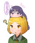  2girls :o ? absurdly_long_hair absurdres bangs blonde_hair blush buttons chibi chibi_on_head closed_mouth commentary_request eyebrows_visible_through_hair fate/grand_order fate_(series) green_jacket hair_between_eyes heart highres jacket long_hair looking_at_viewer looking_up low-tied_long_hair minamoto_no_raikou_(fate/grand_order) multiple_girls on_head parted_bangs paul_bunyan_(fate/grand_order) purple_hair rei_(rei_rr) simple_background smile translation_request very_long_hair violet_eyes white_background yellow_eyes 