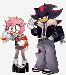  1boy 1girl alternate_costume amy_rose animal_ears animal_nose black_bag black_fur black_jacket black_necktie black_shoes book bracelet chain cigarette collared_shirt earrings full_body fur_collar furry furry_female furry_male gloves gold_bracelet green_eyes grey_pants grey_shirt grey_skirt grey_socks hand_in_pocket hedgehog_boy hedgehog_girl highres holding holding_book holding_cigarette jacket jewelry leg_warmers looking_at_viewer mochimochili necktie open_mouth orange-framed_eyewear pants pencil pink_fur pink_hair red_eyes red_fur shadow_the_hedgehog shirt shoes short_tail simple_background skirt socks sonic_(series) standing tail torn_clothes torn_pants two-tone_fur white_background white_gloves white_leg_warmers white_shirt 