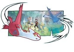  1boy 1girl absurdres artist_request backpack bag black_pants blue_eyes bow_hairband bracelet breloom brendan_(pokemon) brown_hair castform castform_(normal) flying green_bag hairband hat highres jewelry latias latios makuhita manectric may_(pokemon) motion_lines official_art open_mouth pants pedestal pokemon pokemon_(creature) pokemon_oras red_hairband red_shirt second-party_source shirt shoes short_hair shorts sleeveless sleeveless_shirt speed_lines surprised surskit transparent_background white_hat white_shorts yellow_shoes 