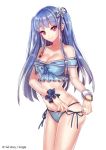  1girl bikini blue_bikini blue_hair copyright_name gauntlets hair_ornament interitio looking_at_viewer official_art pink_eyes sid_story smile snowflakes swimsuit twintails 