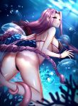 1girl ass back bare_shoulders bikini blush braid breasts bubble coral erect_nipples facial_mark fate/stay_night fate_(series) female_ass forehead_mark hair_ribbon hips jellyfish large_breasts legs long_hair looking_back mallizmora medusa_(fate) medusa_(fate)_(all) parted_lips purple_bikini purple_hair purple_ribbon ribbon rider single_braid swimming swimsuit tentacle thighs underwater very_long_hair violet_eyes waist